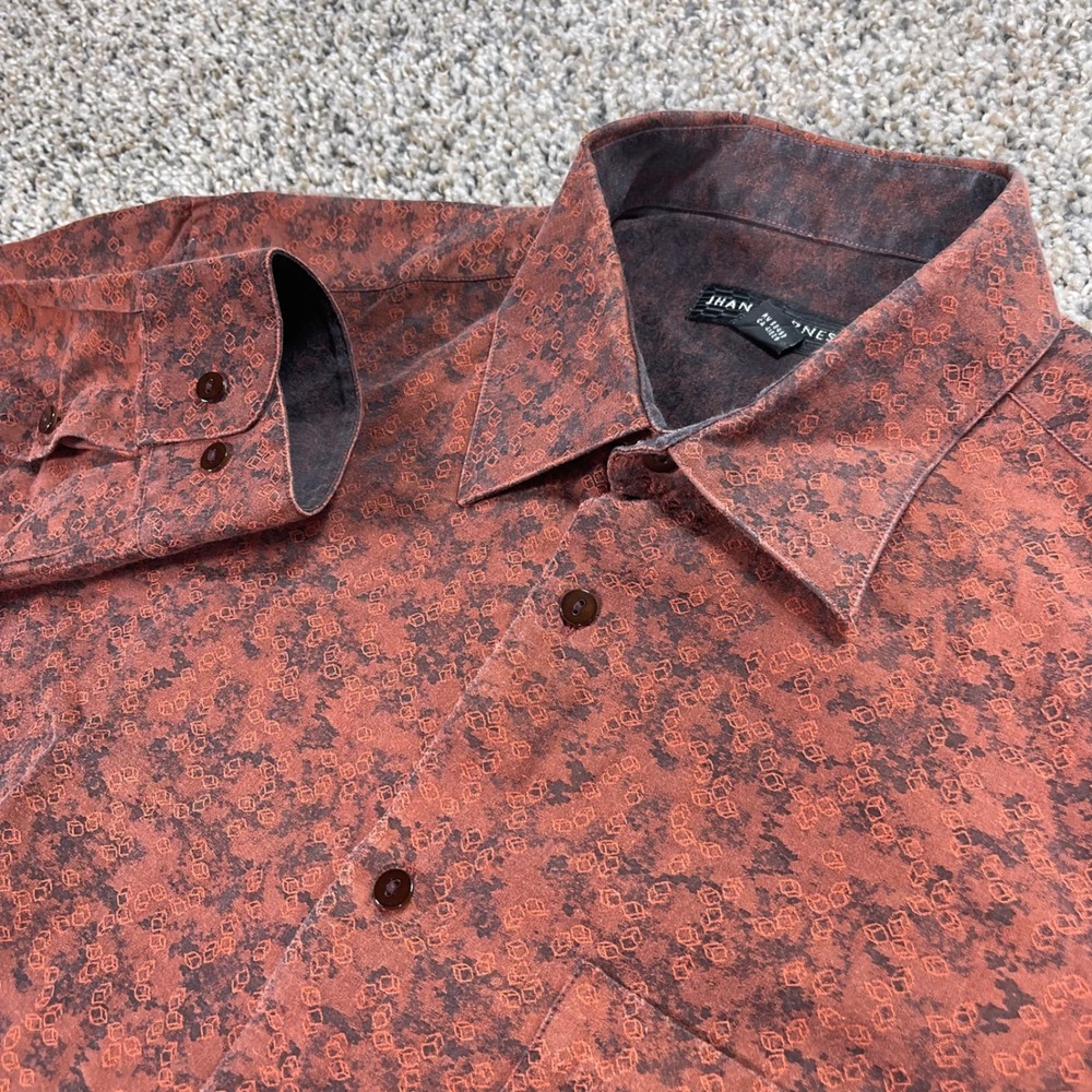 Jhane Barnes Men's L Silk Cotton Geometric Cube Print Button Down Shirt Orange